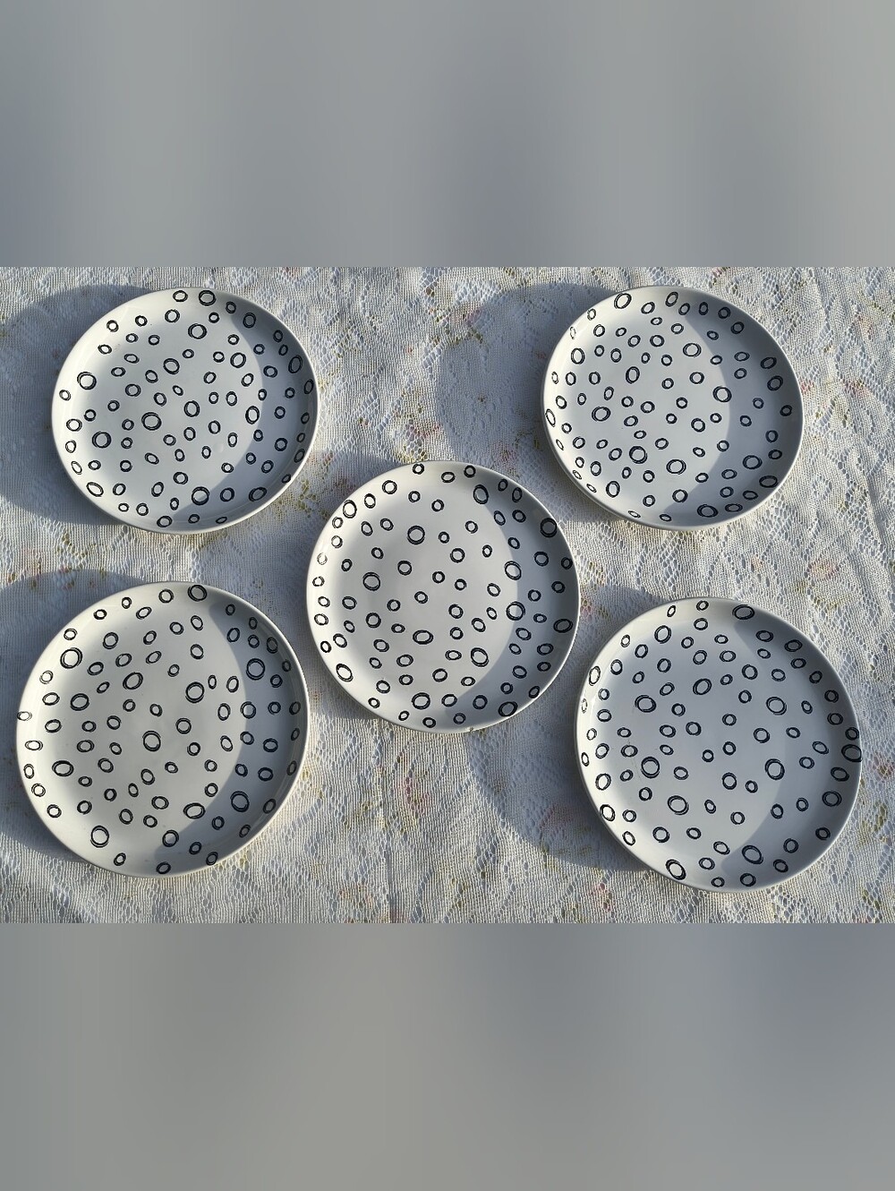 Set of 5 White Black Circles Loucarte Portugal Ceramic Salad Plates